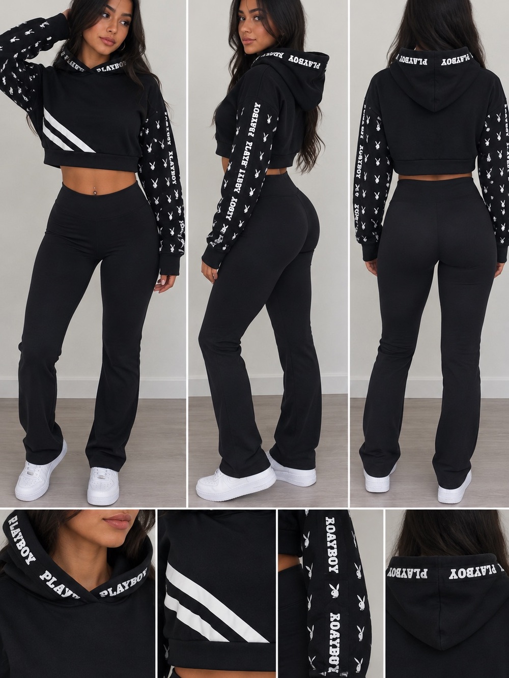 PLAYBOY Black Cropped Hoodie with Logo-Print Sleeves